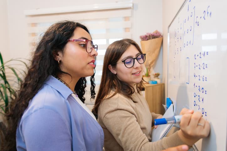 Two Female University Students Studying Math in Front of a Whiteboard, Preparing for Their Exam at Home