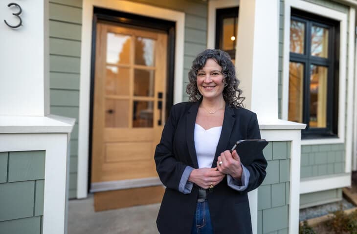 Real estate agent standing in front of a new modern character home.