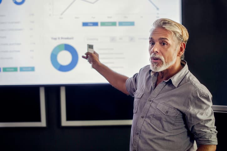 Male business leader pointing to pie charts and line graphs during a presentation in the office.