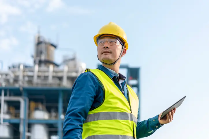 Male engineer holding a cellphone on a work site.