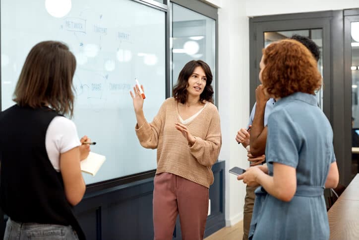 Female marketing manager leading a brainstorm session on a whiteboard during a meeting at the office.